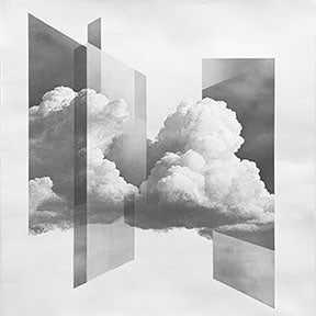 Wadi Home abstract cloudscape framed wall art with geometric shapes and monochromatic clouds.