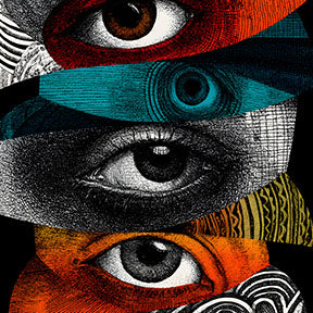Wadi Home Abstract Eyes Collage Wall Art featuring a surrealist arrangement of diverse eye motifs in bold colors and intricate textures.