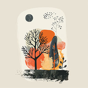 Wadi Home abstract landscape wall art with trees, moon, and warm earthy tones. Modern minimalist design.