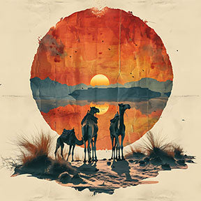 Wadi Home Desert Sunset Camel Caravan wall art featuring a circular, textured sunset with silhouetted camels and desert landscape.