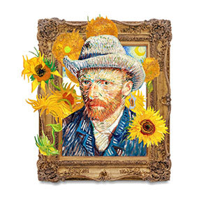 Wadi Home Vincent Van Gogh Sunflowers portrait wall art, featuring the artist and vibrant yellow sunflowers in a post-impressionist style.