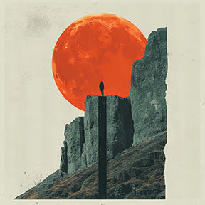 Wadi Home 'Solitude Under The Crimson Moon' artwork: lone figure silhouetted on mountain peak under large crimson moon.