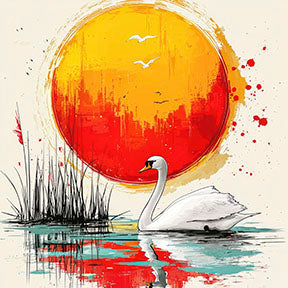 Wadi Home Serene Swan Sunset Wall Art. White swan on water with vibrant orange and red sunset.