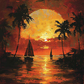 Wadi Home tropical sunset sailboat wall art with vibrant orange and yellow hues, silhouetted palm trees, and two sailboats on the ocean.