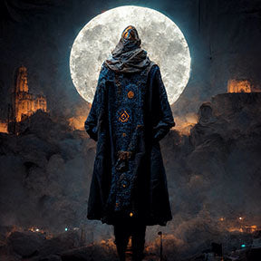 Wadi Home mystical figure under moon wall art, dark blue cloak with intricate patterns, full moon, atmospheric clouds, dramatic lighting.