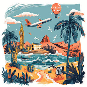 Wadi Home Global Travel Adventure Wall Art featuring a collage of travel destinations including Big Ben, tropical beaches, desert landscapes, and airplanes.
