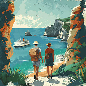 Wadi Home Coastal Voyage wall art: two figures walk towards a cruise ship on turquoise water, framed by cliffs.