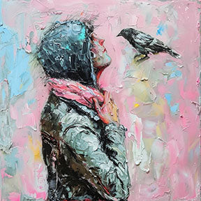 Wadi Home painting of a woman in a hooded jacket and pink scarf looking up at a bird against a textured pink background, impasto technique.