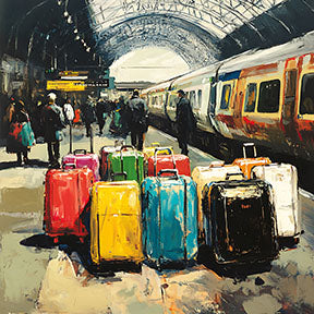 Wadi Home Train Station Luggage Art Print, impressionistic style, colorful suitcases on platform with train.