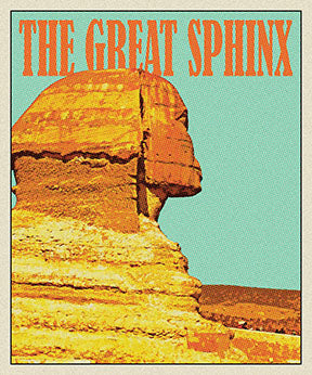 Wadi Home Great Sphinx vintage poster with bold graphic design and retro aesthetic. Features vibrant orange and yellow tones against a teal background.