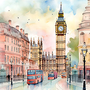 Wadi Home London cityscape watercolor art featuring Big Ben and red double-decker buses in soft, warm colors.