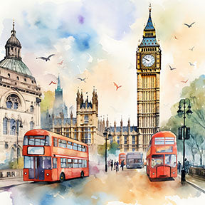 Wadi Home watercolor art print of London cityscape with red double-decker buses and Big Ben.
