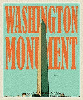 Wadi Home Washington Monument vintage poster with orange text and teal background, featuring a stylized obelisk and flags.