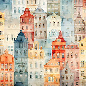 Wadi Home watercolor cityscape wall art featuring colorful European buildings in a soft, artistic style. Adds charm and sophistication.