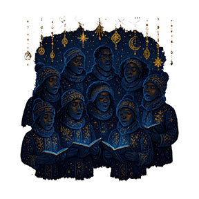 Wadi Home Celestial Choir wall art featuring a group of figures in deep blue with gold accents singing from open books under a starry sky.