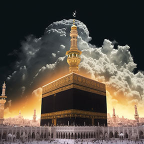 Wadi Home Islamic Kaaba artwork featuring the Kaaba in Mecca illuminated by golden light breaking through clouds, with pilgrims below.