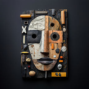 Wadi Home Assemblage Face Wall Art, mixed media sculpture with reclaimed wood, metal, and found objects in neutral tones with rust and ochre accents.