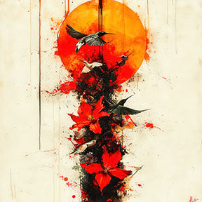 Wadi Home abstract artwork with crimson sun, red flowers, and birds in flight. Dynamic, artistic statement piece.