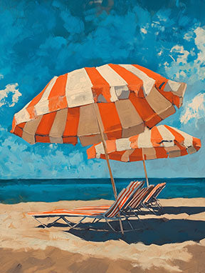 Wadi Home orange and white striped beach umbrellas and lounge chairs on sandy shore with blue sky and ocean.