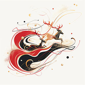 Wadi Home abstract art print featuring leaping deer in red, black, and gold on a cream background.