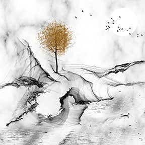 Wadi Home abstract landscape wall art with a golden tree, ink wash style, birds, and moon. Monochromatic with gold accent.