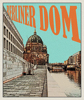 Wadi Home Berliner Dom Pop Art Print featuring a bold, graphic interpretation of Berlin's cathedral with orange text and a dot pattern.