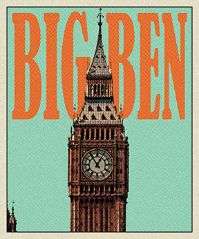 Wadi Home Big Ben landmark artwork with teal background and orange text. Modern graphic art.