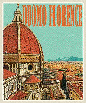 Wadi Home Florence Duomo vintage travel poster with terracotta dome and blue sky, framed art for home decor.
