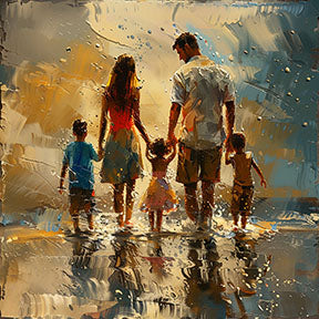 Wadi Home impressionist wall art of a family walking on a beach at sunset, golden hues, textured brushstrokes.