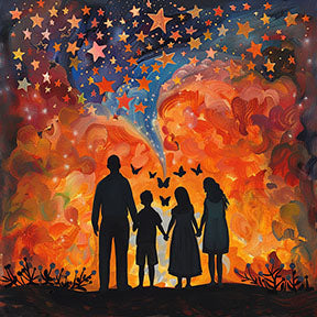 Wadi Home starry sky family wall art with vibrant orange, red, and blue celestial clouds and silhouettes of a family holding hands.
