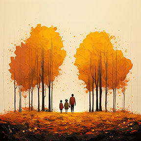 Wadi Home autumn trees wall art featuring a family silhouette walking through golden trees and fallen leaves.