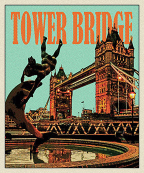 Wadi Home vintage Tower Bridge poster with retro colors and textured finish, featuring a statue in the foreground.