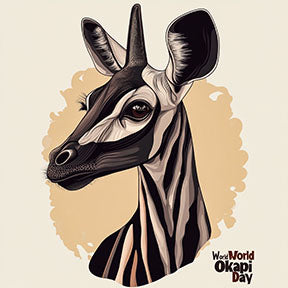 Wadi Home Okapi portrait wall art with distinctive striped legs and gentle gaze, rendered in a modern artistic style on a cream background.