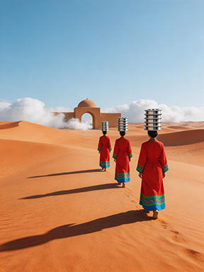 Wadi Home artwork: Three figures in red robes carry stacked items on their heads across a desert landscape with sand dunes and an archway.