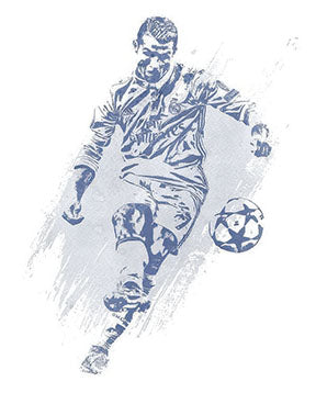 Wadi Home blue and white soccer player action shot wall art, stylized depiction of a player kicking a soccer ball.