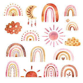 Wadi Home Boho Rainbow Sun Moon Cloud Collection Wall Art. Watercolor-style prints in earthy tones for nursery or playroom decor.