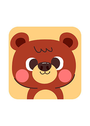 Wadi Home cute brown bear illustration with pink cheeks on a yellow square background, cartoon style, for nursery decor.