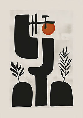 Wadi Home abstract botanical art print with black shapes, terracotta sunburst, and minimalist plant motifs. Mid-century modern style.