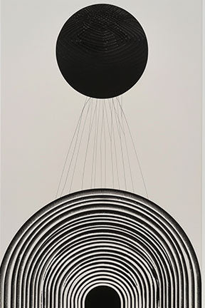Wadi Home abstract wall art with concentric black arches and a black circle above, minimalist design.