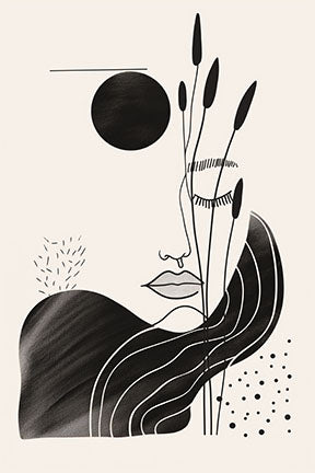 Wadi Home abstract black and cream wall art featuring a face with botanical elements and a sun motif.