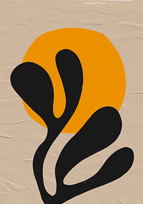 Wadi Home Abstract Botanical Sunburst Wall Art with orange sun, black organic shapes on textured neutral background.