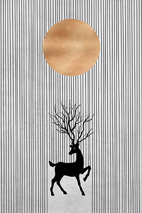 Wadi Home Deer Silhouette Wall Art with sun and vertical lines, black and metallic gold