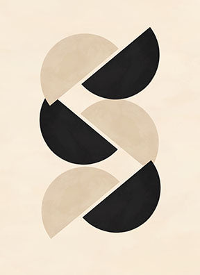 Wadi Home abstract geometric wall art with interlocking black and beige half circles on a cream background.
