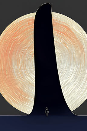 Wadi Home abstract minimalist wall art with dark silhouette against peach and cream textured circle, small figure.