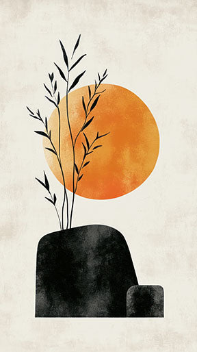 Wadi Home Abstract Botanical Sun Wall Art with orange sun, black shapes, and botanical elements on a neutral background.