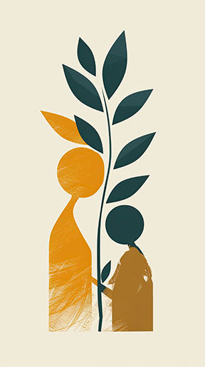 Wadi Home abstract wall art with ochre figures and teal plant on cream background.