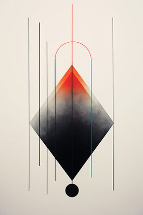 Wadi Home abstract geometric diamond wall art with red to black gradient, minimalist lines, and red arch.