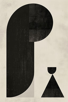 Wadi Home abstract geometric art print with black shapes on a textured neutral background. Modern minimalist wall art.