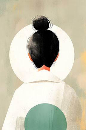 Wadi Home abstract wall art of a figure with a black bun and white clothing, muted colors.