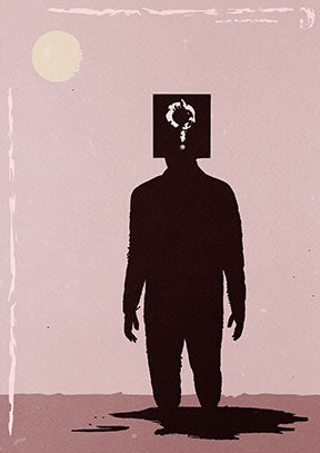 Wadi Home abstract wall art print of a dark silhouette figure with a question mark head, standing in water.